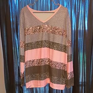 Elegant Pink and Gray Striped Long Sleeve Top